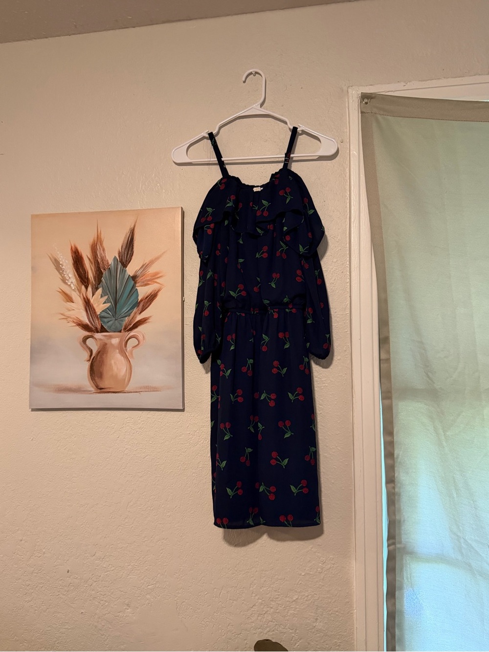 C Navy Dress with Red Cherry and Green Leaf Embroidery
